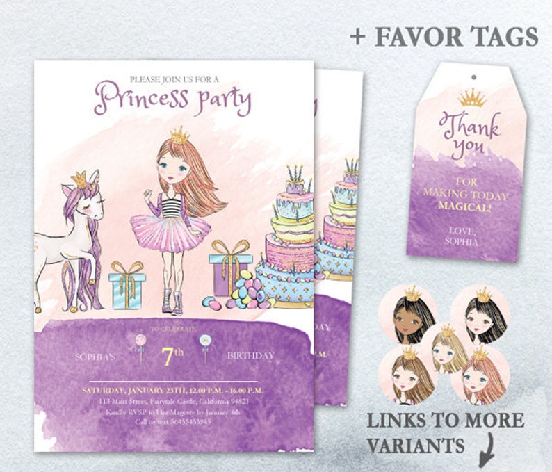 Princess PORTRAIT Editable Party Invitation PDF Fairytale Birthday Printable Invite kit Crown Favor tag Magic Glitter Purple Violet invite image 1