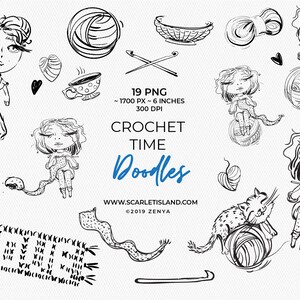 Crochet time doodle clipart set, hand drawn yarn wool knit knitter planner stickers graphic collage sheet decoupage illustrations by Zenya image 2