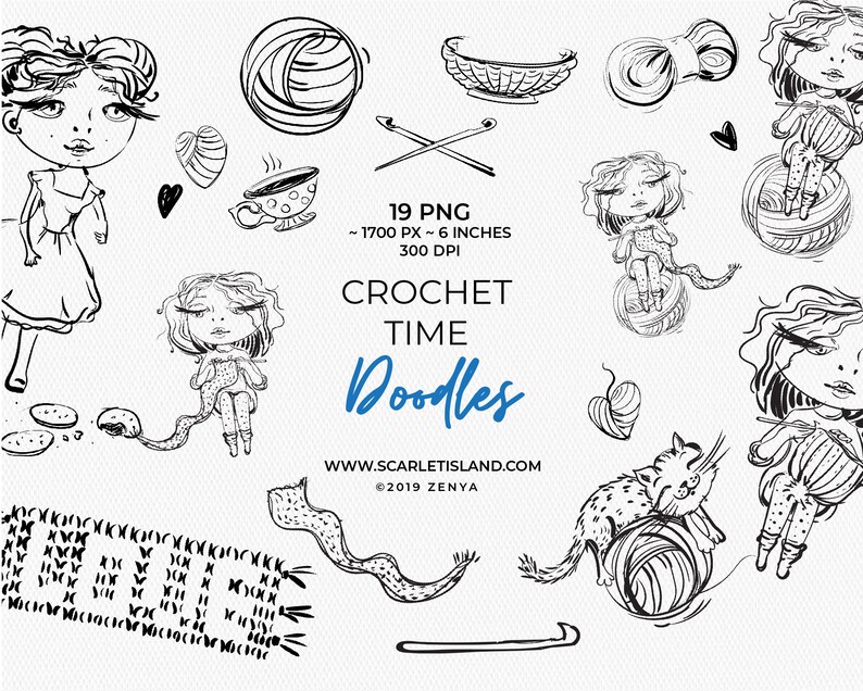 Crochet time doodle clipart set, hand drawn yarn wool knit knitter planner stickers graphic collage sheet decoupage illustrations by Zenya image 2