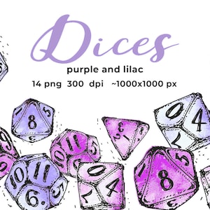 D20 dices PNG clip art, Watercolor hand drawn dice, purple and blue nerd geek board gaming rpg download