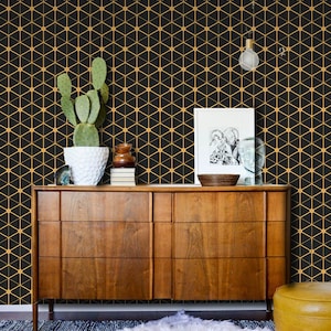 Hexagonal Connection Removable Wallpaper, Yellow And Black Wall Mural, Wall Covering #113