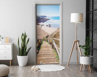Stairs To The Beach Door Sticker, Carving Door Mural, Landscapes Door Decals, Beige Door Mural, Bedroom Door Stickers