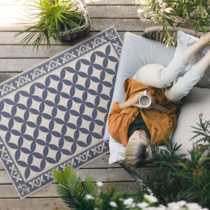 Azulejos Pattern, Elegant Mosaic Porch Rug, Faux Tiles Outside Carpet, Blue Vinyl Rug, Poolside Rug, Outdoor Vinyl Mat, Waterproof Rug