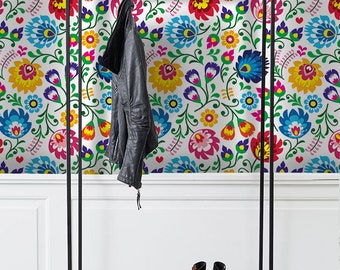 Polish Folk Art Removable Wallpaper, Colorful Blue And Yellow Wall Mural, Flower Wallpaper #281