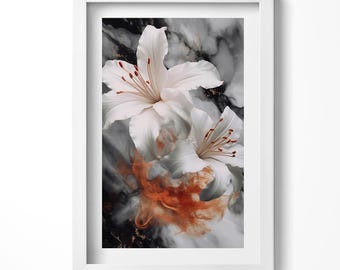 Smoke Composition With Flowers Framed Art, Flowers and plants Illustration in Frame , Gray Wall Art