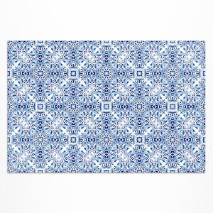 Portuguese Ornamental Tile Design Porch Rug, Faux Tiles Outside Carpet, Navy Vinyl Rug, Poolside Rug, Outdoor Vinyl Mat, Waterproof Rug