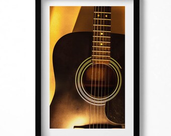 Zwarte print gitaarinstrument in lijst, hobbykunstprint, oranje muurkunst