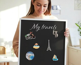 My Travels Printed Magnet Board, Black Wall Hanging Organizer, Minimalist Minimalist Room Decor, Texts Pattern