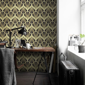 Abstract Art Deco Modern Tiles Removable Wallpaper, Golden And Black Wall Mural, Photo Mural #116