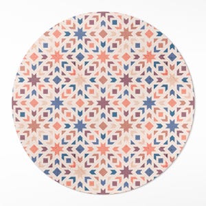 Pastel Stars And Arrows Retro Pattern Round Rug For Living Room, Faux Tiles Vinyl Floor Mat, Orange Easy To Clean Rug, Living Room Rug,