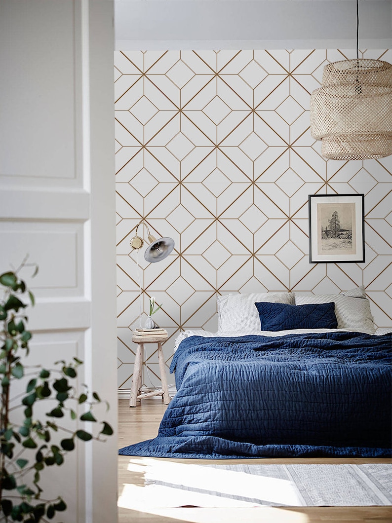 Geometric Removable Wallpaper Golden and White Wall Mural Etsy