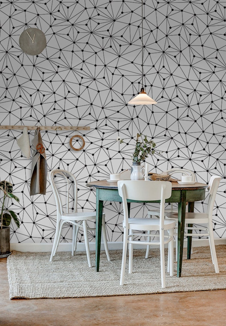 Polygonal lines and circles removable wallpaper black and white wall mural wall art #390