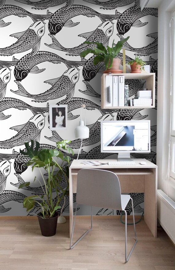 Fish Koi Removable Wallpaper Black and White Wall Mural Design - Etsy UK Fish Koi Removable Wallpaper Black and White Wall Mural Design - Etsy UK