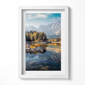 Beautiful Mountain Landscape With A Lake Framed Art, Landscape Illustration in Frame , Blue Wall Art