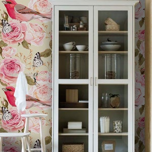 Carta da parati rimovibile con uccelli floreali, murale rosa e verde, carta da parati in stile tradizionale inglese n. 324