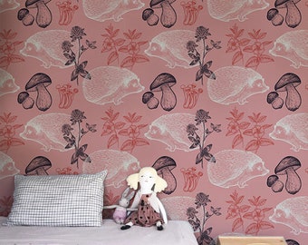 Mushrooms with hedgehog removable wallpaper pink and white #52