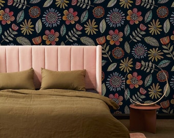 Folk Flowers Removable Wallpaper, Colorful Wall Mural, Dark Self-Adhesive Wallpaper #75