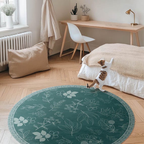 Delicate Plants Round Rug for Living Room, Flowers and Plants
