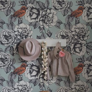 Carta da parati rimovibile con rose e uccelli, murale bianco e grigio, carta da parati glamour staccabile e adesiva #411