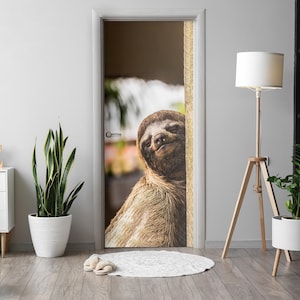 Smiling Sloth Door Sticker, Carving Door Mural, Animals Door Decals, Beige Door Mural, Bedroom Door Stickers