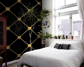 Gold glitter rhombus removable wallpaper golden and black wall mural wall art #414