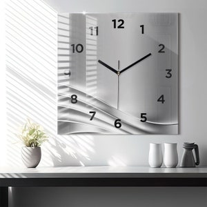 Printed Clock Wavy metal shape, Gray Round Glass Clock, Customizable Wall Clock, Minimalist Wall Decoration