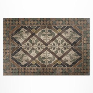 Retro Tiles With Delicate Flower Patterns Porch Rug, Faux Tiles Outside Carpet, Brown Vinyl Rug, Poolside Rug, Outdoor Vinyl Mat