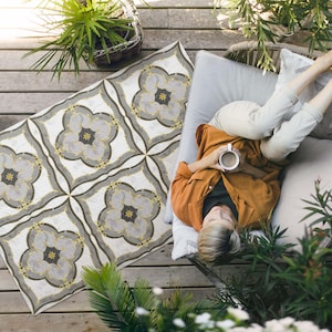 Decorative Tiles Patterned Tiles Porch Rug, Faux Tiles Outside Carpet, Gray Vinyl Rug, Poolside Rug, Outdoor Vinyl Mat, Waterproof Rug