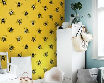 Papier peint abeilles, papier peint autocollant, jaune, noir, animaux, papier peint amovible, mur d'accent # 558