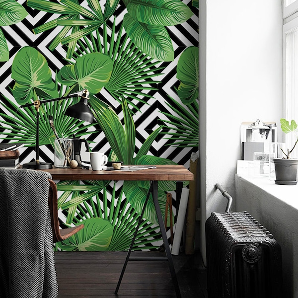 Black and White Palm Leaf Wallpaper - Etsy