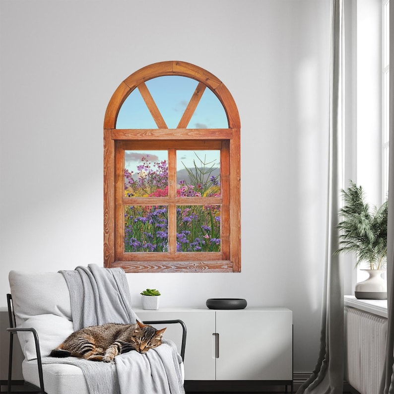Fake Window Sticker - Flower Window, Gray Self-adhesive Wall Decals ...