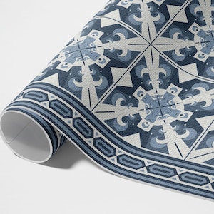 Geometric Rhombus Decorative Tiles Porch Rug, Faux Tiles Outside Carpet, Blue Vinyl Rug, Poolside Rug, Outdoor Vinyl Mat, Waterproof Rug