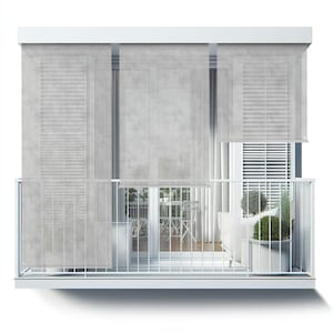 May include: A balcony with white metal railings and light gray blinds. The blinds are partially drawn, revealing a glimpse of a patio set and potted plants. The overall aesthetic is modern and minimalist.