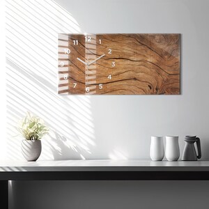 Horloge murale imprimée imitation bois, horloge rectangulaire en verre marron, horloge murale personnalisée, décoration murale moderne