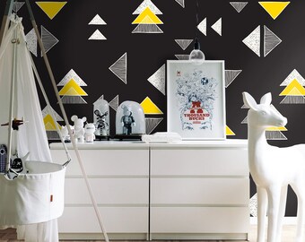 Hand drawn triangles removable wallpaper black and yellow wall mural reusable #504