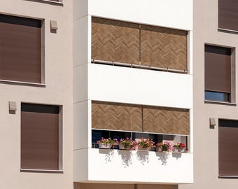 Roll Up Blinds, Structures External Shades, Herringbone Parquet Shades, Brown Printed Roller Shade