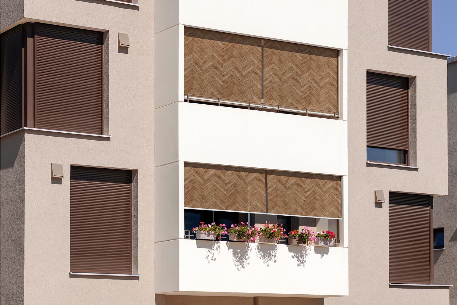Stores à enroulement, stores extérieurs Structures, stores pour parquet à chevrons, store à enroulement imprimé marron