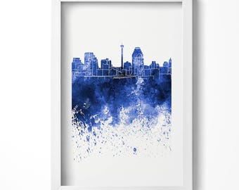 Panorama Of San Antonio Watercolors Painting in Frame, City Wall Art in Frame, Navy Wall Art