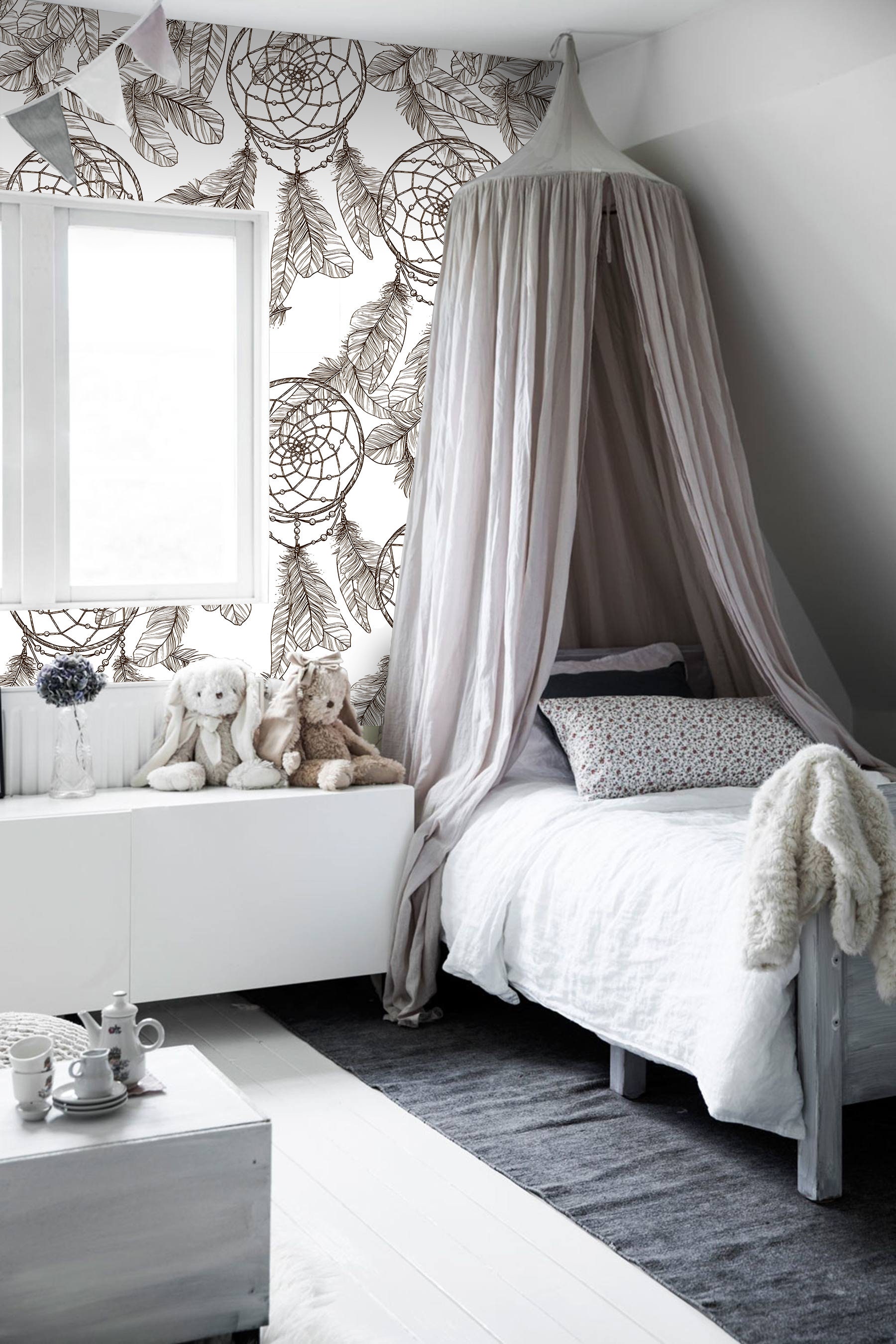 Monochrome Dreamcatchers Removable Wallpaper, Golden And White Wall Mural, Feathers Wall Decor #156