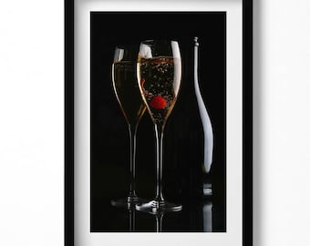 Champagne Glasses Print in Frame, Food and drinks Art Print, Black Wall Art