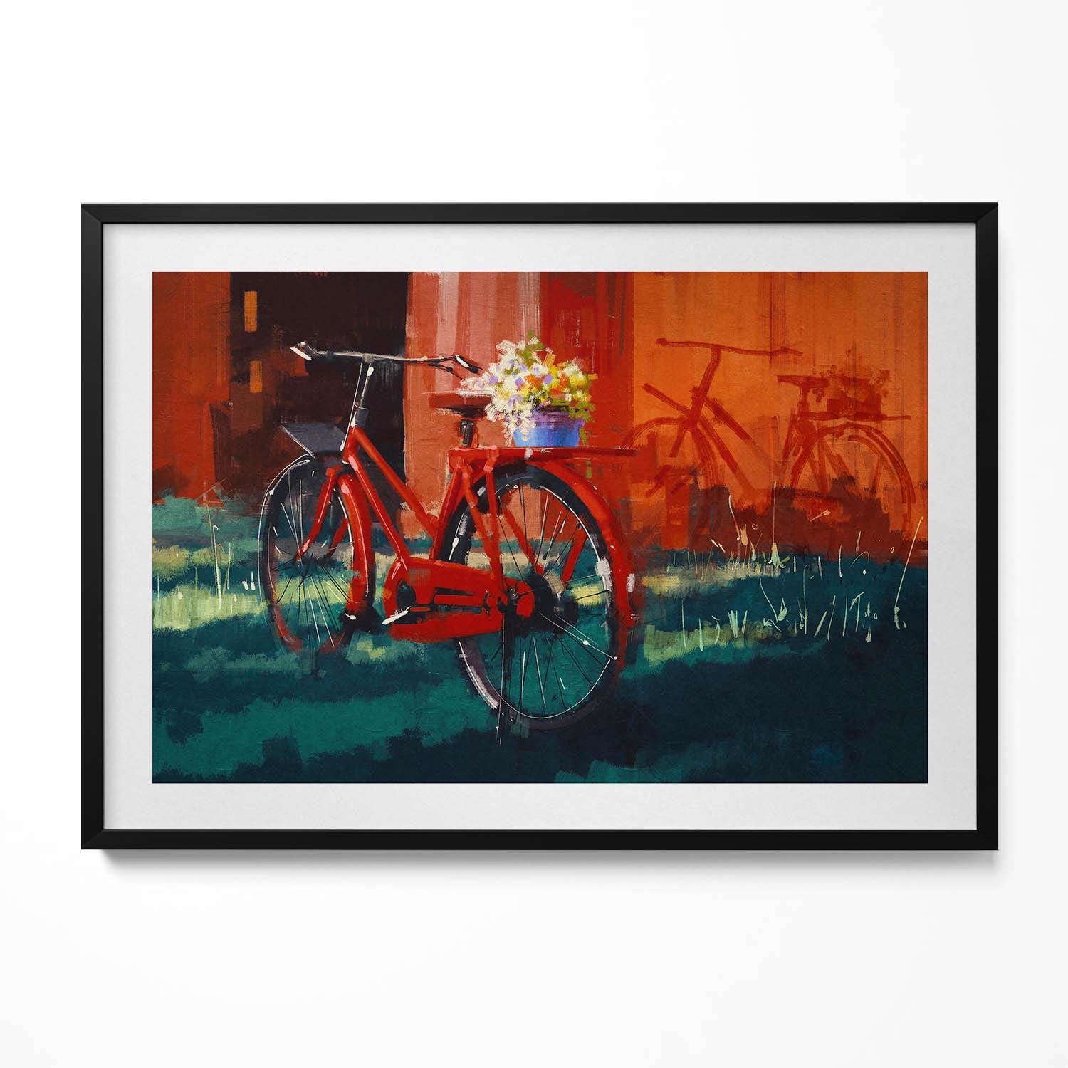 Bicycle With A Floral Arrangement Framed Art, Vehicles Illustration in Frame , Red Wall Art