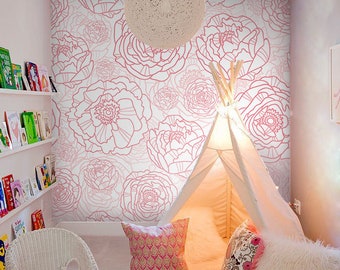 Pink Line Flowers Removable Wallpaper, Pink And White Wall Mural, Peel and Stick Wallpaper #224