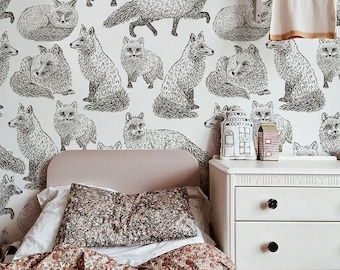 Sketched foxes removable wallpaper brown and white #27