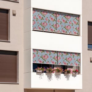 External Roller Blinds, Plants Outdoor Roller Blinds, Pink Flowers Retro Style Shades, Blue Pull-Down Shades