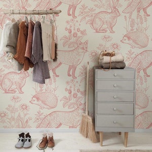 Abnehmbare Tapete, rosa und beige Waldtiere Wandbild, Tapete zum Abziehen und Aufkleben #9