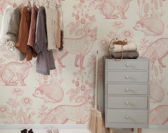 Pink forest animals removable wallpaper pink and beige #9