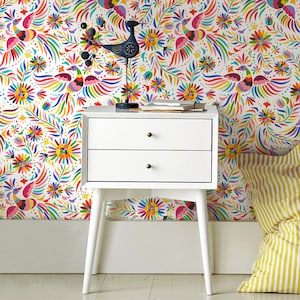 Mexican Embroidery Birds Removable Wallpaper, Colorful Wall Mural, White And Pink Wall Decor, Peel and Stick Wallpaper #288