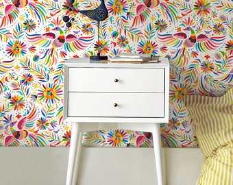 Mexican Embroidery Birds Removable Wallpaper, Colorful Wall Mural, White And Pink Wall Decor, Peel and Stick Wallpaper #288