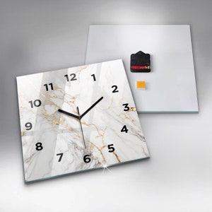 Printed Clock Gold and White Marble, Ecru Round Glass Clock, Personalized Wall Clock, Modern Wall Decoration