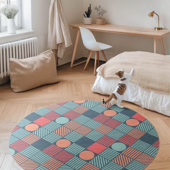 Retro Retro Geometrisches Muster Rund Teppich Für Wohnzimmer, Muster Vinyl Bodenmatte, Türkisfarbener pflegeleichter Teppich, Wohnzimmerteppich,